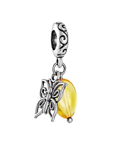 Подвески-шармы Амберхолл Подвеска-шарм для европейского браслета с натуральным янтарём лимонного цвета «Бабочка» 7 Карат 