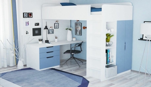 Кровать-чердак Polini Simple с письменным столом и шкафом, белый-синий Дом Мебели 