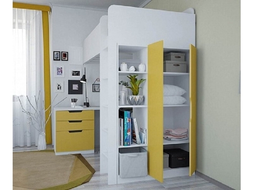 Кровать-чердак Polini, Simple с письменным столом и шкафом белый/солнечный