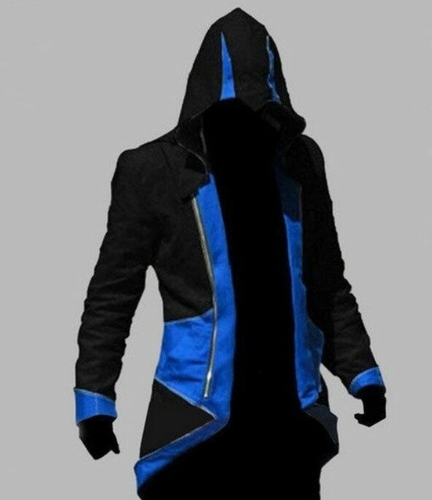 Куртка ассасина с капюшоном (черная с синими вставками) Спортмастер 