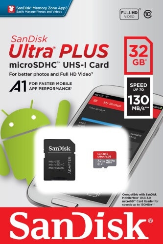 Карта памяти SDHC Micro SanDisk microSDHC Ultra Plus 32GB UHS-I (SDSQUB3-032G-GN6MA) Связной 